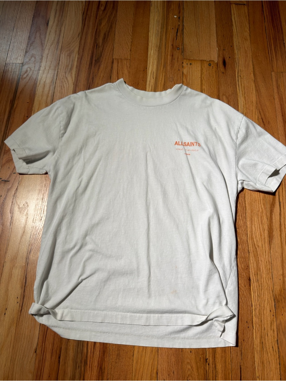 All Saints Men’s Cream Tee with Orange Logo